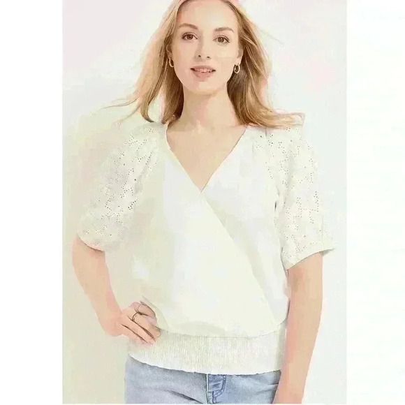 NWT Maurice’s Short Sleeve Eyelet Wrap Blouse Ivory Smocked Waist Cotton Size XL - Picture 9 of 9